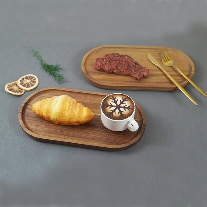 2 pcs Small Acacia Wooden Tray 11.8×6inch Rustic Wood Serving Trays Bulk Boards Oval Charcuterie for Food Cheese Cookie Fruit Sushi,Breakfast Bread Appetizer Plates Decorative Platters