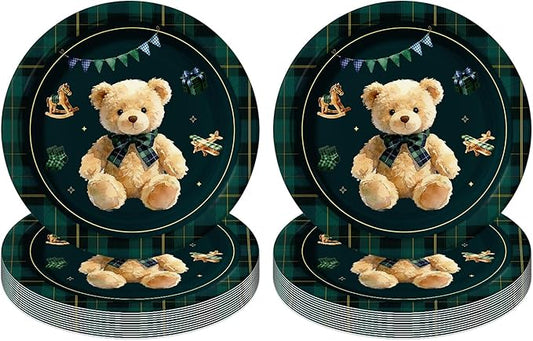 60 Pcs Green Blue Tartan Teddy Bear Baby Shower Decorations, 7 Inch Vintage Plaid Disposable Paper Plates for We Can Bearly Wait Preppy Bear Theme Baby Shower Gender Reveal Birthday Party Supplie
