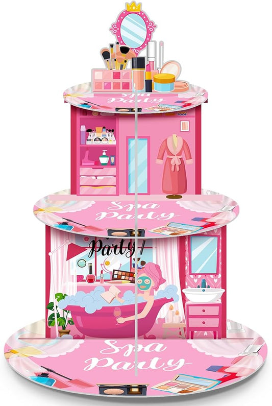Censen Spa Party Cupcake Stand Party Decorations 3 Tier Spa Cake Stand Holder DIY Spa Makeup Theme Cardboard Dessert Tower for Girls Princess Pink Bridal Baby Shower Birthday Party Supplies
