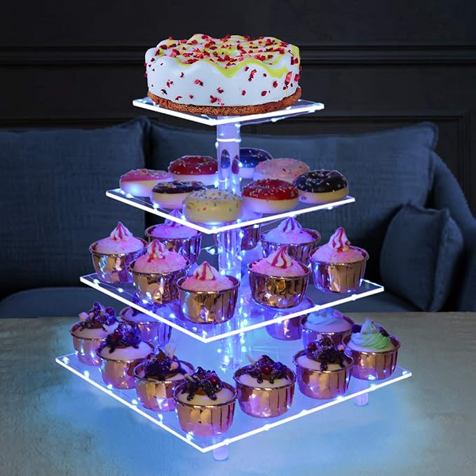 weddingwish Cupcake Stand, 4-Tier Square Acrylic Cupcake Display Stand with LED String Lights Dessert Tower Pastry Stand for Birthday or Wedding Party