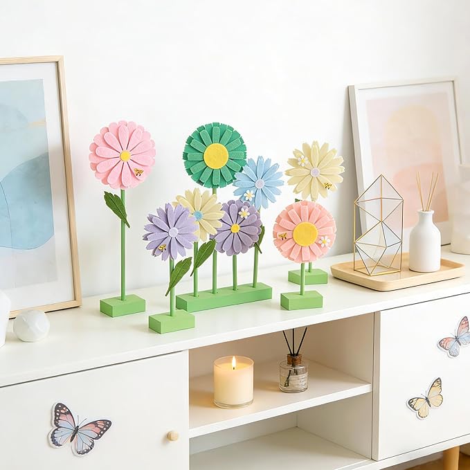 SUNBEAUTY 8PCS Daisy Party Decorations Felt Flowers Daisy Centerpieces for Tables Spring Flower Tables Decor Pastel Flower Table Decorations for Girl Birthday Baby Shower Spring Garden Home Decor