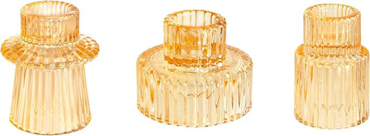 WELLIFE 3 Pcs Gold Glass Candle Holder, Taper Candle Holder, Gold Candlestick Holders for Party, Wedding Decorations, Table Centerpieces and Thanksgiving