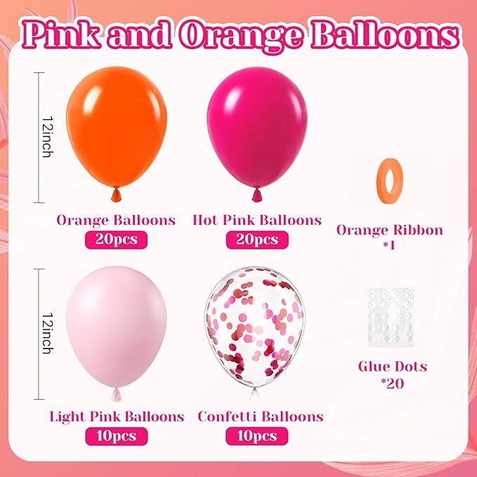 BAUANOOY Pink and Orange Balloons, 60pcs 12 Inch Pink and Orange Party Decorations with Confetti Balloons for Bachelorette Tropical Luau Party Engagement Birthday Party Decorations