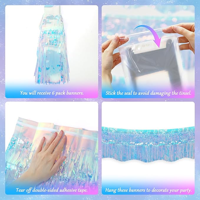 LOLStar 6 Pack Iridescent Blue Tinsel Foil Fringe Garland Birthday Party Decorations, 59Ft Tinsel Streamers Banner, Glitter Photo Booth Prop Table Skirt for Mermaid Frozen Sea Euphoria Party Decor