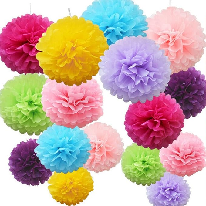 XIKSXITN 12 pc Multicolor Tissue Paper Pom-Poms - Hanging Multicolor Paper Flowers Ball for Party Decorative (10&12 inch)