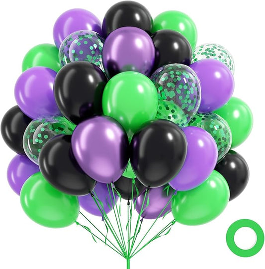 60pcs Green Purple Black Balloons 12inch, Black Metallic Purple Light Green Confetti Balloons for Baby Shower Birthday Party Decorations