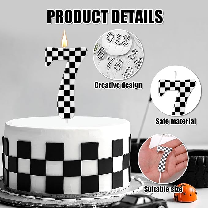 Racing Cars Themed Birthday Candle, Checkered Flag Number Candles Black and White Candles Happy Birthday Cake Topper Party Decorations for Boys Racing Cars Themed Party Supplies (Number 7)