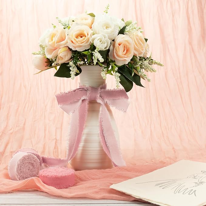 Pink Cotton Ribbon 5/8 Inch Pink, Baby Pink & Dusty Rose 3 Rolls 21 Yards Frayed Edge Fabric Set for Wedding Invitations, Bridal Shower, Baby Shower Decor, Bouquet Wrap & Gift Wrapping