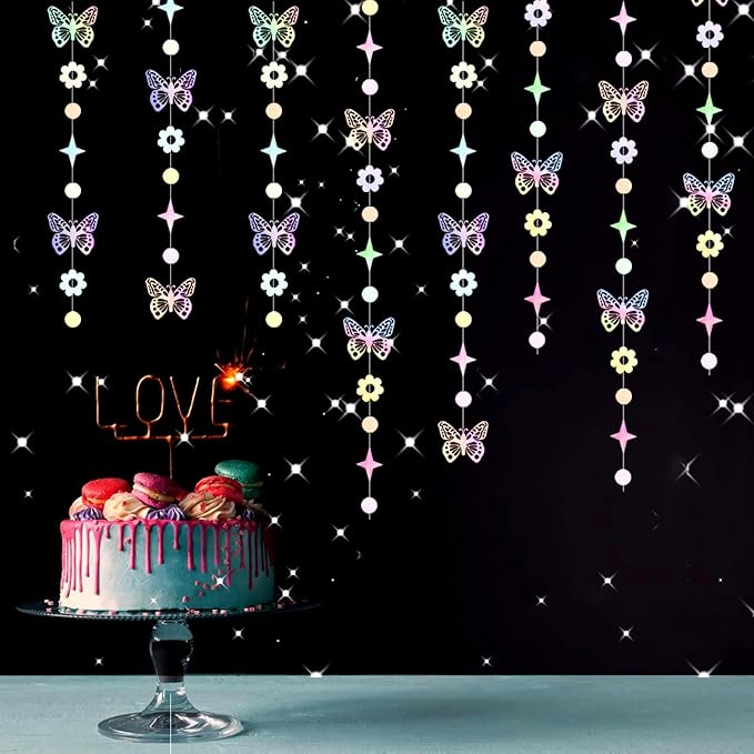 Iridescent Butterfly Girl-Birthday Party-Decorations Garland-Streamers - 52Ft Baby Shower Bachelorette Holographic Hanging Banner Decor,Engagement Garden Classroom Pastel Glitter Backdrop Huglony