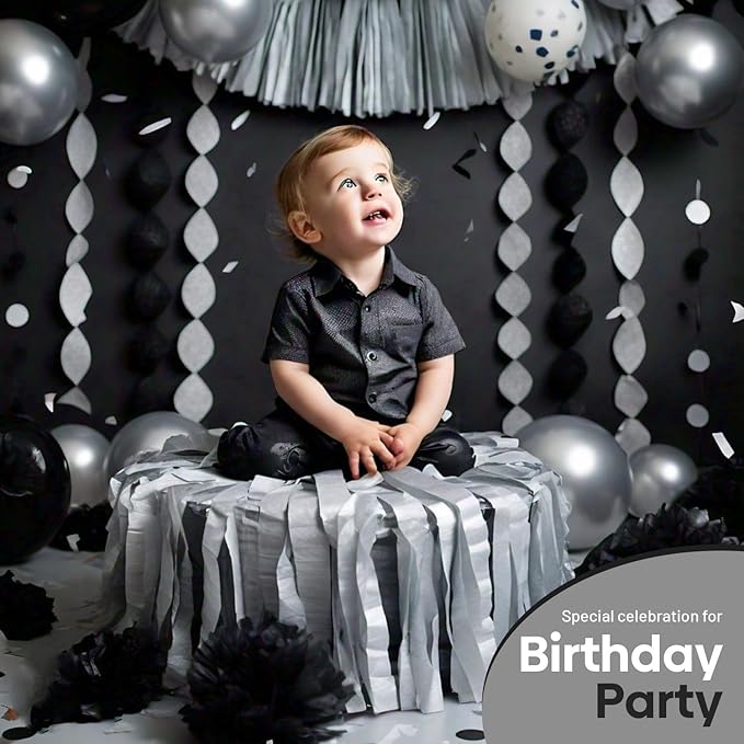 6 Crepe Paper Streamers Rolls, 492ft Pack of Silver and Black Streamers for Party Decorations, Birthday Streamers, Party Streamers (1.8 inch x 82 ft/Roll)