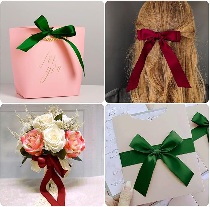 2pcs Christmas Ribbon - 1 Inch X 50 Yards Burgundy, Red & Green for Gift Wrapping & Wedding Party