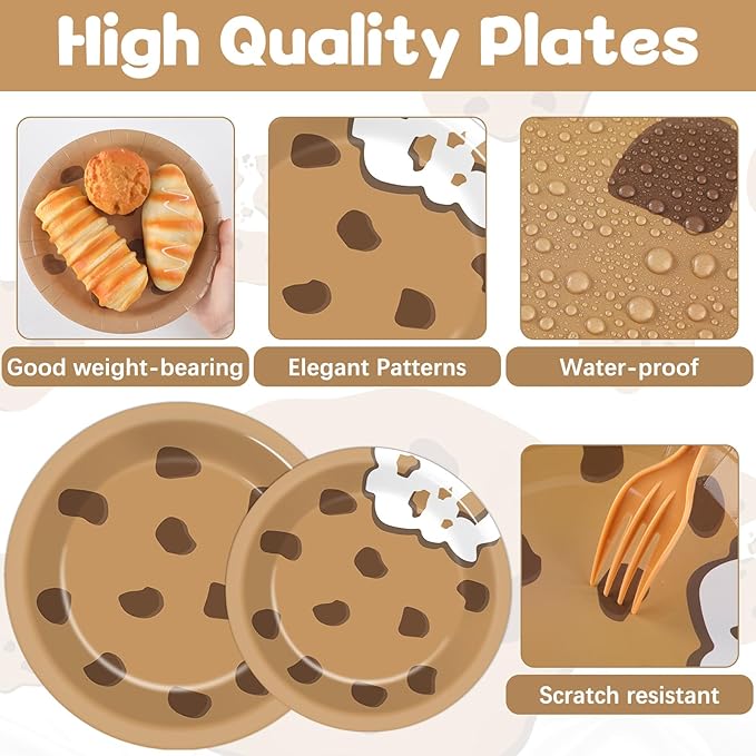 Naozinebi Milk and Cookies Birthday Party Plates Napkins Decorations Chocolate Chip Cookie Tableware Set Cookies Theme Disposable Plate Fork for Kids Boys Girls Birthday Baby Shower Supplies Serve 24