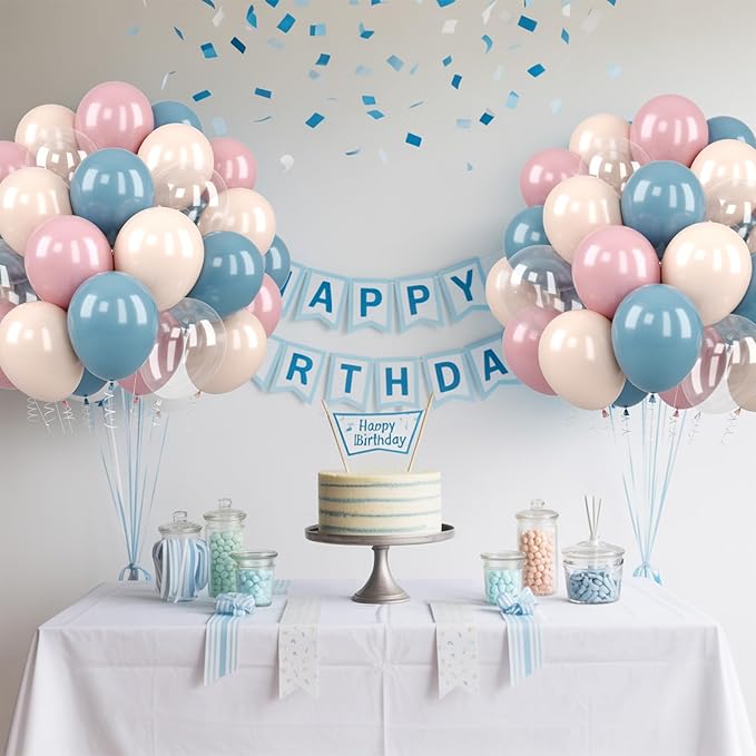 Dusty Pink Blue Balloons Set, 60 Pcs Gender Reveal Balloons, Retro Blue Pink Slate Blue Beige Ivory White Clear Latex Balloon Helium for Boy or Girl Birthday Neutral Baby Shower Party Decorations
