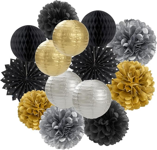 Black Gold Silver Party-Decorations Streamers-Lanterns - 14pcs Graduation 2026 Paper Fan,Tissue Flower Pom Poms Streamers,Honeycomb Balls,Men Birthday Wedding Baby Bridal Shower Decor Ouruola