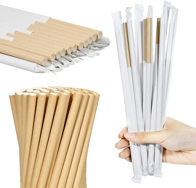 9'' x 0.31'' Giant Paper Drinking Straws Individually Wrapped 300 Counts, Dye-free Brown Kraft - 4 Ply Thick Paper