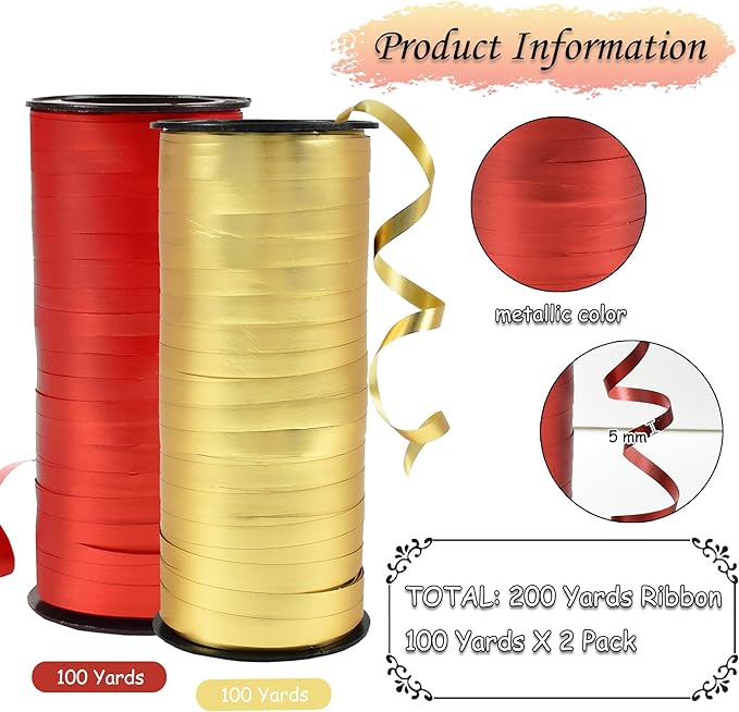 BEISHIDA Red and Gold Curling Ribbons Balloon String Ribbons - 2 Pack 100 Yards for Gift Warppping Birthday Christmas Party Decorations