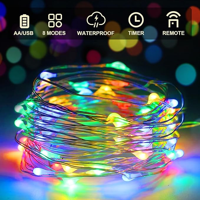 Aogist 50LED Fairy Lights 16ft Dual Power(USB/Battery) with Remote & Timer, 8 Modes Flexible Copper Wire Waterproof String Lights for Outdoor Christmas Wedding Bedroom Party Decor-1 Pack,Multicolor