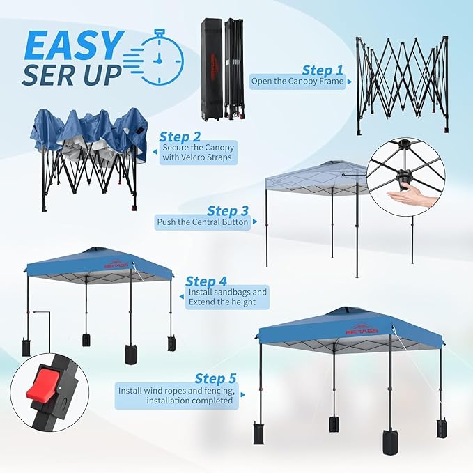 12x12 Pop Up Canopy, Easy Up Canopy Tent, Heavy Duty Tents for Parties, One Person Set Up Event Tent, Light Blue