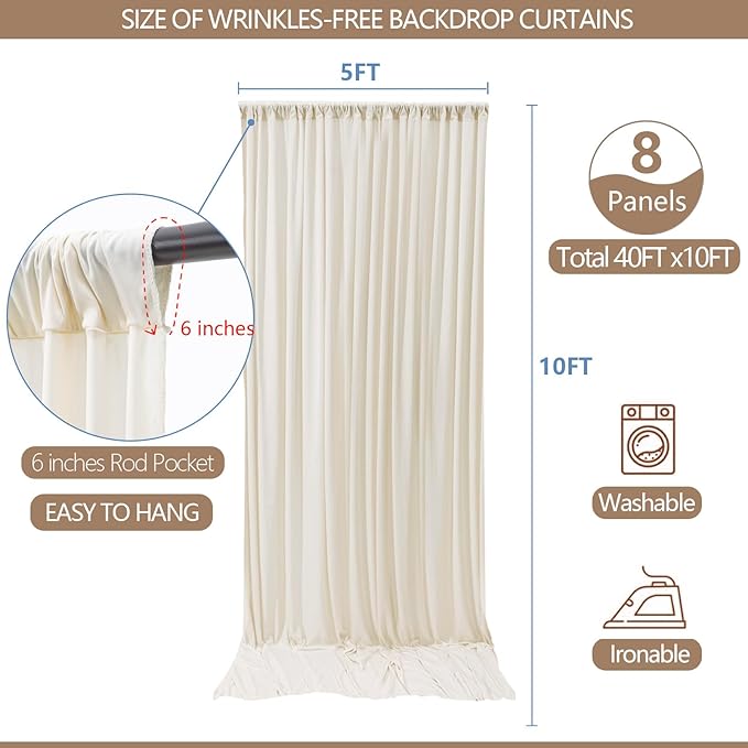 40x10ft Wrinkle Free Ivory Backdrop Curtain for Parties Soft Fabric Drapes Wedding Ivory Curtain Backdrop for Birthday Party Decorations Background for Photography 5x10ft,8 Panels
