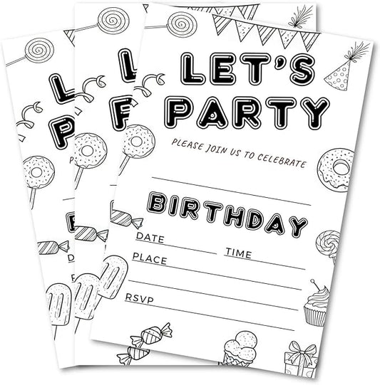 Let's Party Candyland Birthday Invitations for Girls Boys Teens Kids - Dessert, Hand Drawn Minimalism, Black and White, Candy Balloon Streamer - 25 Pcs 4x6 Inch with Envelopes (Black Pattern)