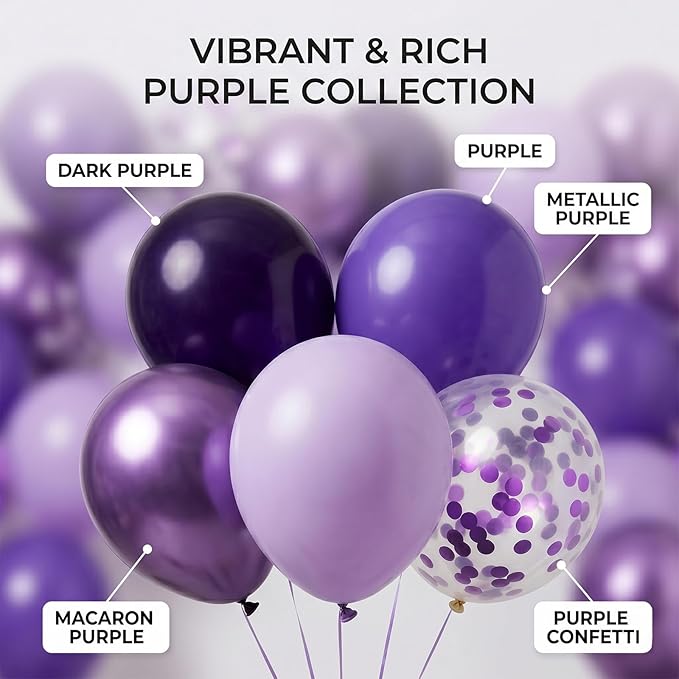 60pcs Purple Balloons 12 Inch, Dark Matte and Pastel Lavender Metallic Confetti Purple Balloon Garland Kit for Sweet 16, Graduation 2026, Baby Shower Decorations
