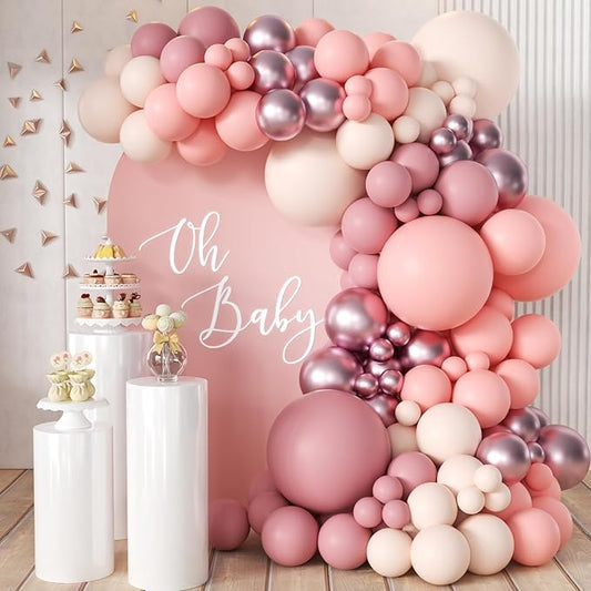 MEBAY Dusty Pink Balloon Arch Kit, 166Pcs Pastel Nude Light Pink Metallic Balloons Garland for Wedding Bridal Baby Shower Princess Girl Women Birthday Party Decorations