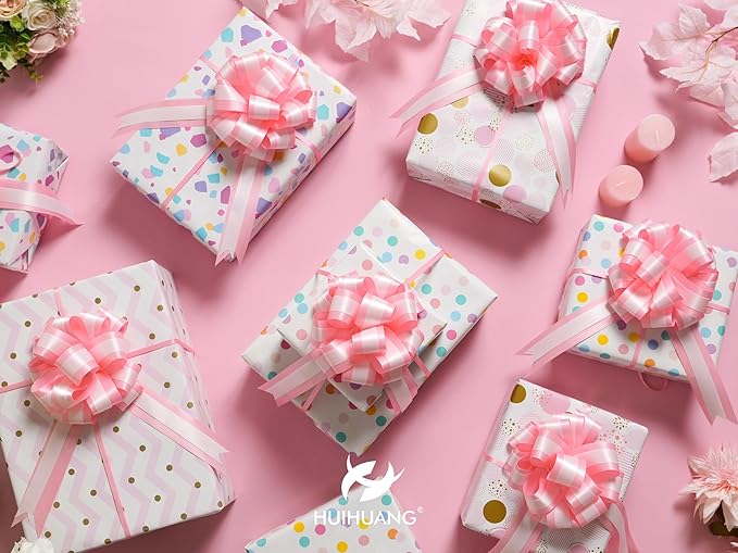 HUIHUANG Pink Pull Bows 12 PCS Baby Pink and White Double Layer Satin Pull Bows 6" x 10" Gift Bow for Gift Wrapping Gift Basket Flower Bouquets Baby Shower Favors Wedding Party Decor