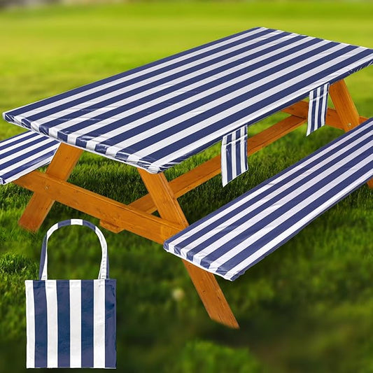 Fitted Picnic Table Cover with Bench Covers Waterproof Elastic Edges Rectangle Patio Tablecloth Outdoor Camping Essentials Stuff Rv Accessories Summer Trip Travel Supplies Party Camper Gifts, 8 ft
