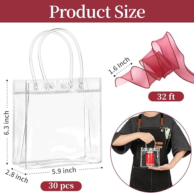 Jutieuo 30 PCS Clear Gift Bags with Handles, 5.9 x 6.3 x 2.8 Inches Reusable Plastic Goodie Bag Transparent Party Favor Bags Bulk for Weddings Birthdays Events, Classrooms & Celebrations