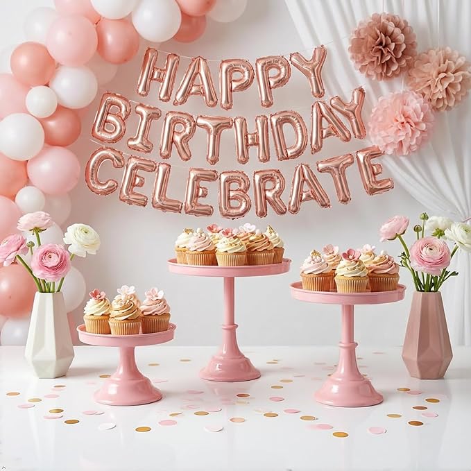 3 Pcs Metal Round Cake Stand Set 8“10”12" Cake Display Stand Dessert Cupcake Display Tray for Graduation,Wedding,Birthday,Party,Baby Shower,Anniversary,Ceremony,Christmas (Pink)