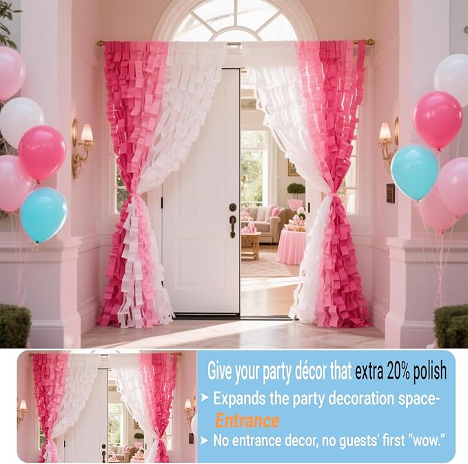 Princess Hot Pink Crepe Paper Streamers 492ft Shades of Pink Fringe Birthday Party Curtains for Backdrop, Door, Ceiling Birthday Party Decorations Various Pink Wedding Decor
