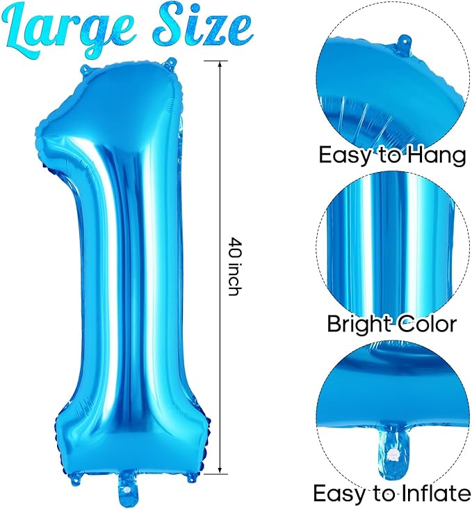 Blue Number 1 Balloon 40 Inch, Big Large Foil Helium Number Balloons, Jumbo Giant Mylar Number 1 Balloons for 1 first Birthday Party Decorations Supplies Anniversary Celebration