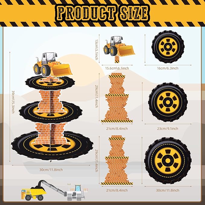 Construction 3-Tier Cardboard Cupcake Stand Dessert Display Tower Holder for Construction Birthday Party Supplies