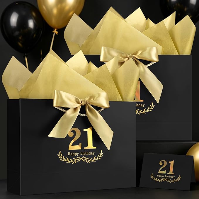 JMANNI Black Gold 21st Birthday Gift Bag with Card and Tissue Paper, 14.2"×9.84"×4.3" Large Present Bag for Adults, 21 Year Old Birthday Keepsake Party Supplies