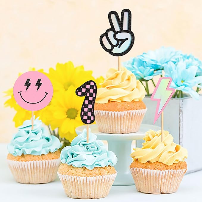 Ercadio 24 Pack Smile Cupcake Toppers Pink 1 Lightning Scissorhands Cupcake Picks Smiley Assorted Cake For Girls Baby Shower Birthday Party Cake Decoration Supplies