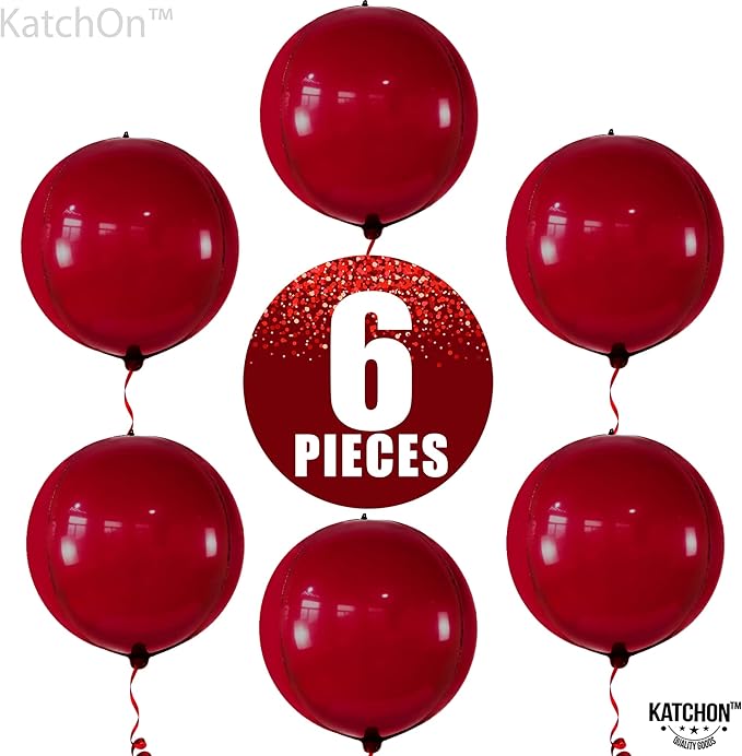 KatchOn, Big Metallic Ruby Red Balloons - 22 Inch, Pack of 6 | Round 4D Mylar Balloon for Birthday Party Decorations | Cherry Red Balloons for Wedding, Anniversary Decor, Red Party Decorations