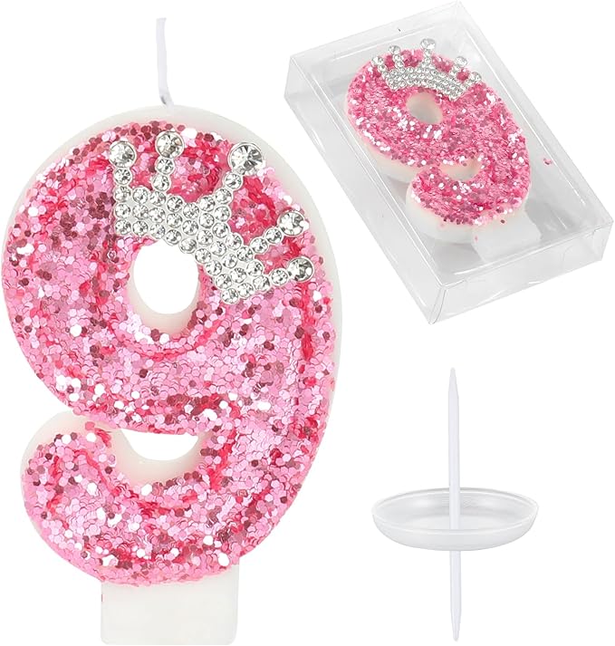 Birthday Number Candles,Pink Crown Birthday Candles for Cake,Glitter Number 9 Candle Cake Topper with Sequins for Girls,Women, Anniversary Celebrations Supplies (Pink 9)
