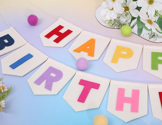 Colorful Happy Birthday Banner - Rainbow Birthday Party Decorations,Bohemian Felt Happy Banner,Colorful Felt Garland Photo Backdrop,Boho Rainbow Party Wall Hanging Decorations