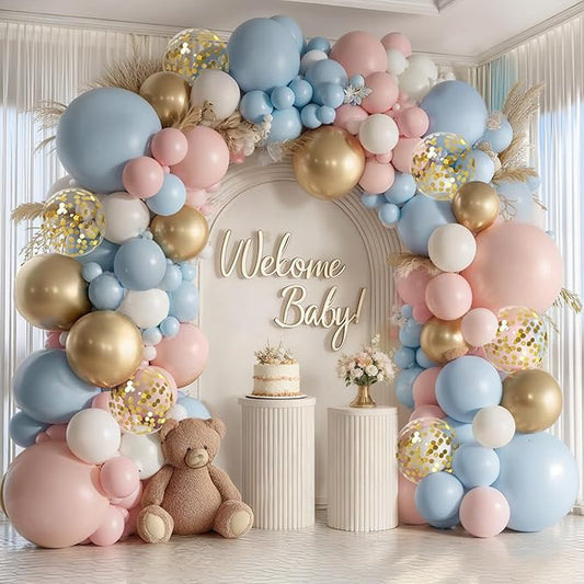 Gender Reveal Balloon Arch Kit -129pcs Dusty Pink and Blue Balloons Chrome Gold Sand White Confetti Latex Balloons for Boho Bachelorette Birthday Wedding Bear Theme Party Decorations