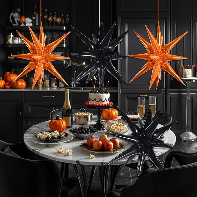 TONIFUL 4Pcs 22 Inch 4D Huge Star Balloons,Explosion Star Mylar Foil Balloons for 2026 Graduation Party Supplies Halloween Backdrop,Christmas,New Year,Birthday Photo Booth Ornament (Black Orange)