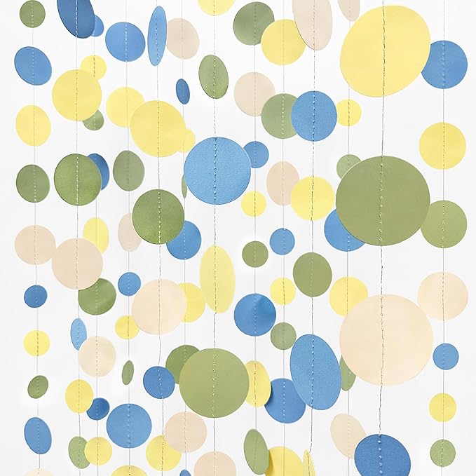 Sage Green Dusty Blue Yellow Beige Polka Dots Garlands Olive Green Macaron Yellow Dusty Blue Sand White Cream Nude Hanging Paper Circle Dots Streamer for Birthday Baby Shower Wedding Party Decorations