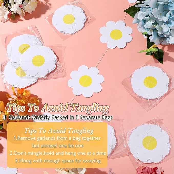 Pasimy 8 Pcs Daisy Boho Party Decorations Groovy Daisy Paper Garlands White Flower Hanging Garland Banner Hippie Flower Cutouts for Birthday Shower Wedding Party Favor Supplies(Fresh,White)