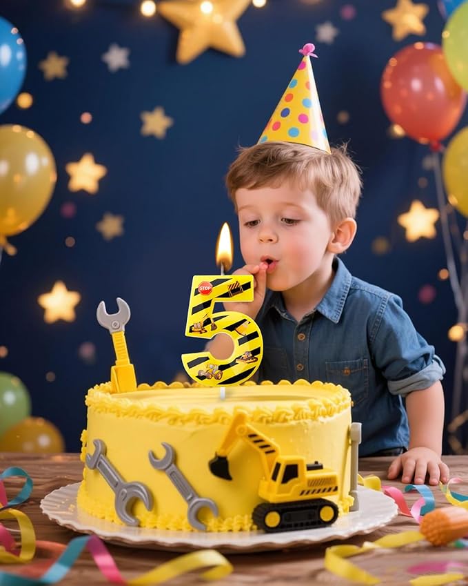 Number 5 Construction Birthday Candle, 2.68 Inch Yellow and Black Striped Candle, Birthday Candles Numbers Construction Cake Topper for Boys Girls, Construction Birthday Party Supplies Decorations