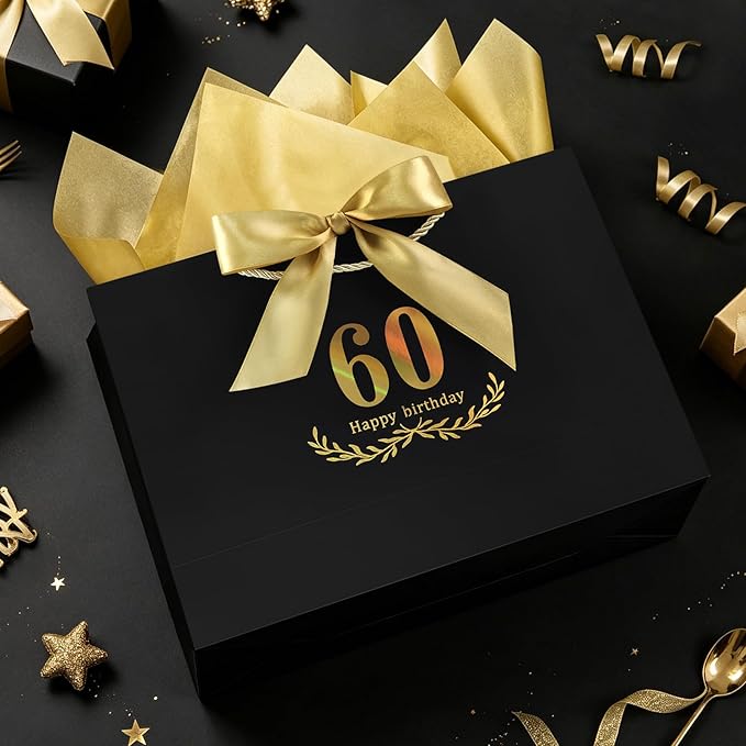 JMANNI Black Gold 60th Birthday Gift Bag with Card and Tissue Paper, 14.2"×9.84"×4.3" Large Present Bag for Men Women, 60 Year Old Birthday Keepsake Party Supplies