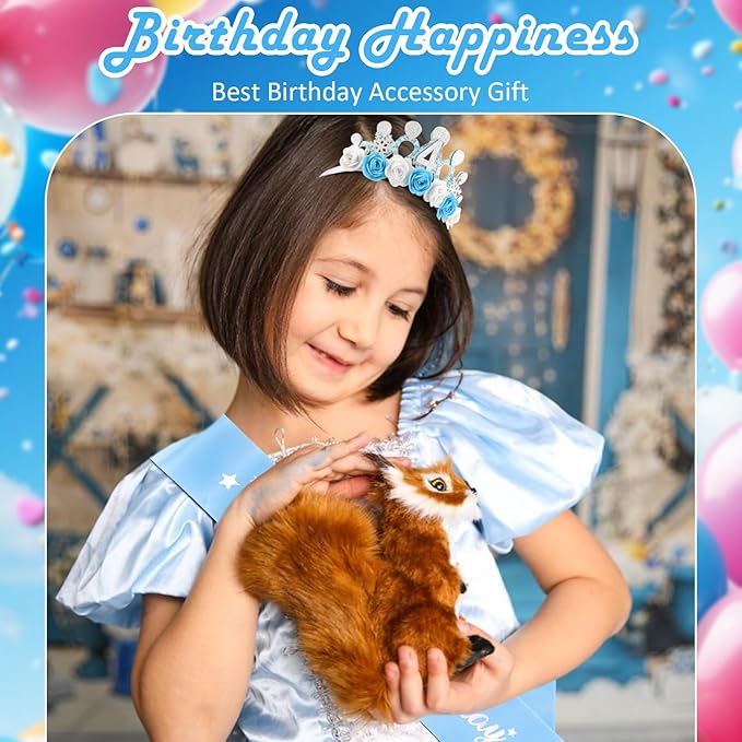 CUBACO 4th Birthday Crown Headband and Sash, 4 Year Old Girl Birthday Gifts for Blue Princess Crown, Frozen Party Decorations Favors for Girls Outfit