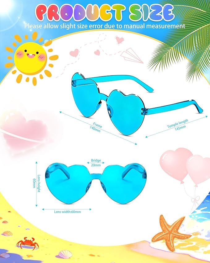 12 Pairs Heart Shaped Sunglasses Candy Color Rimless Fun Heart Glasses for Women Party Favors