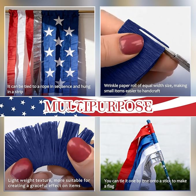 NICROLANDEE Patriotic Decorations - 8 Rolls Red White Blue Crepe Paper Streamers for 4th of July Decorations Independence Day U.S. 250th Anniversary Memorial Day American Theme Party Decorations