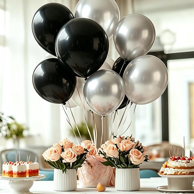 Black and Silver Balloons, 60 Pcs 12 Inch Latex Balloons with 1 Ribbon, for Birthday Wedding Bridal Shower Party Decorations