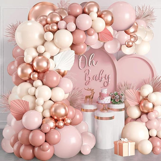 Rose Gold Balloon Garland Kit, Dusty Pink Pastel Blush Pink Metallic Rose Gold Sand White Balloons for Wedding Bridal Shower Princess Party Girl Birthday Baby Shower Mother's Day Decorations