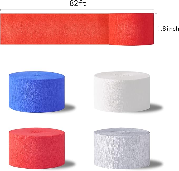 Crepe Paper Streamers 8 Rolls 656ft, Red White Blue Silver Streamer Tassels Patriotic Decorations for Memorial Day Fourth of July Independence Day American Theme Party